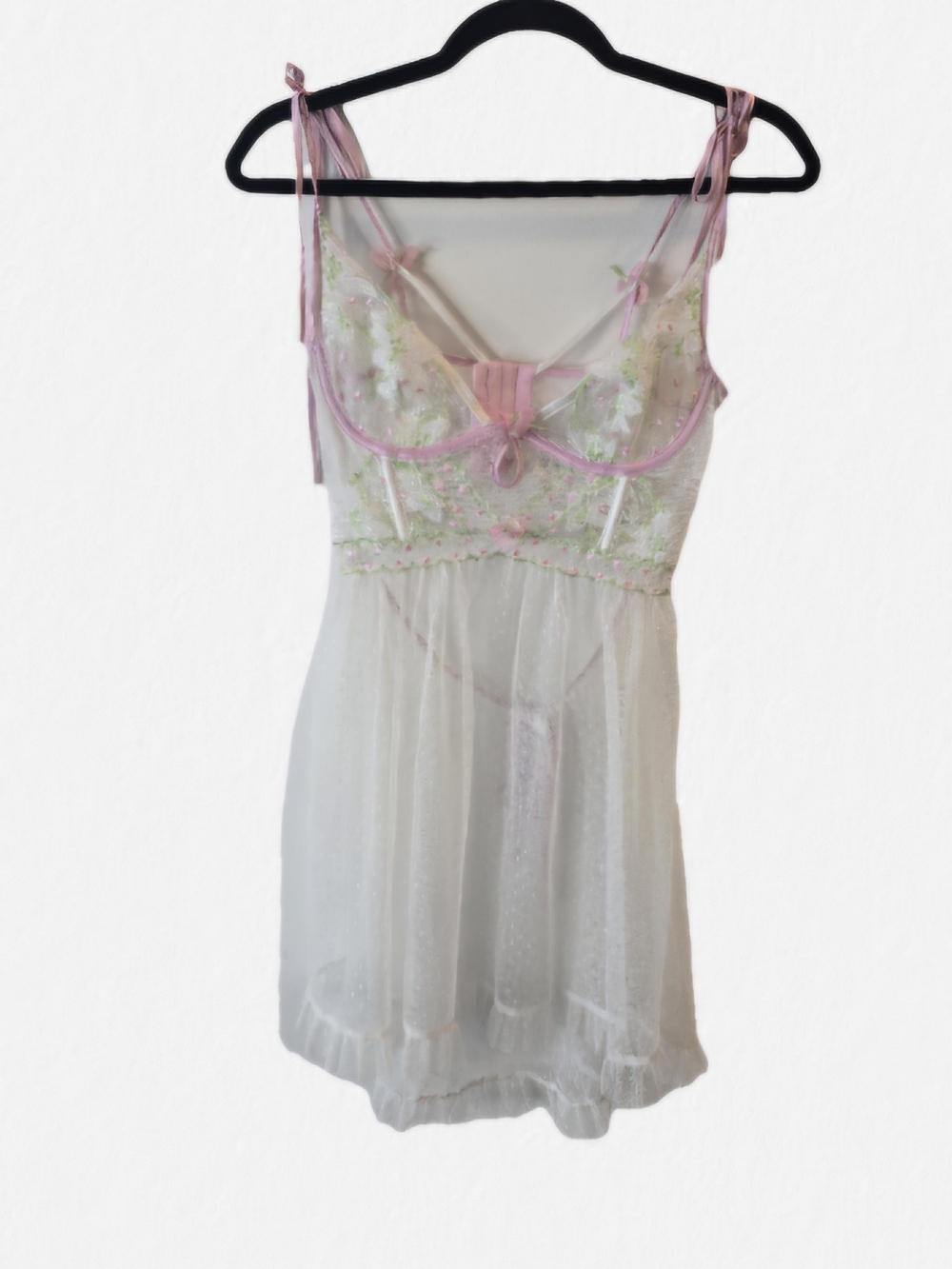 FLL Delicate Pink & White Floral Embroidered Sheer Babydoll